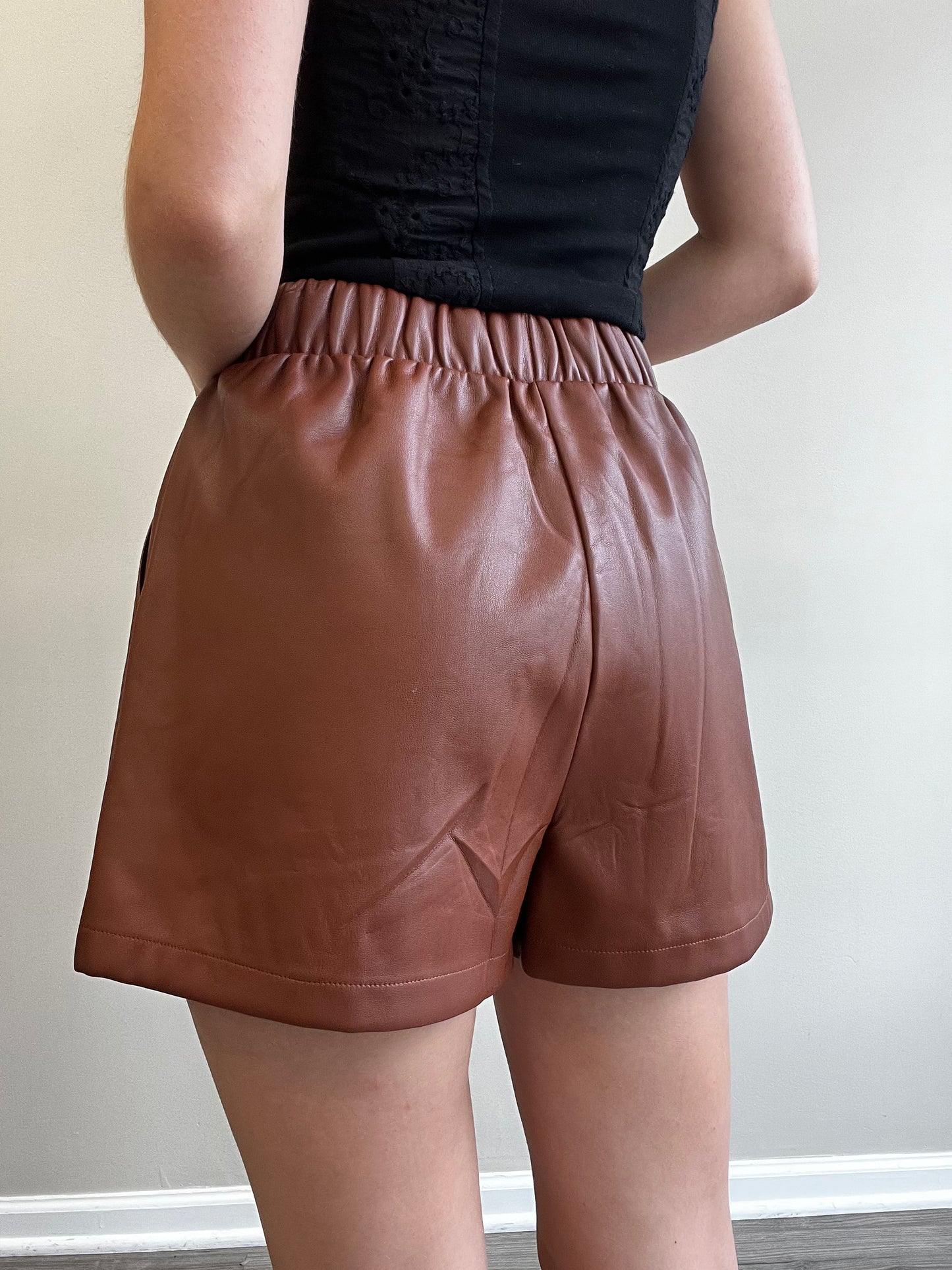 FAUX THE RECORD FAUX LEATHER SHORTS