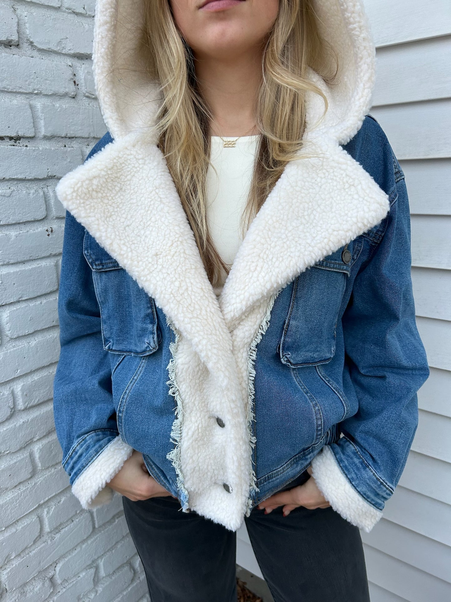 FAUX SHERPA HOODED DENIM JACKET