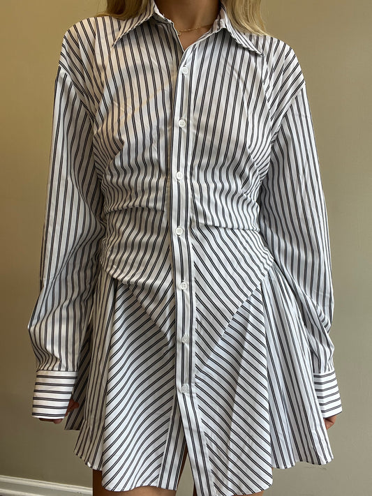 STRIPE SHIRRED RUCHED SHIRT DRESS