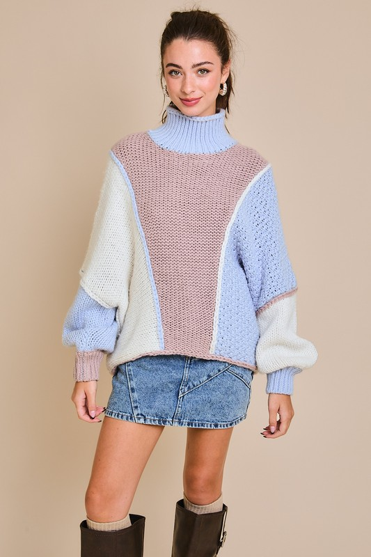 COLOR BLOCK TURTLE NECK SWEATER